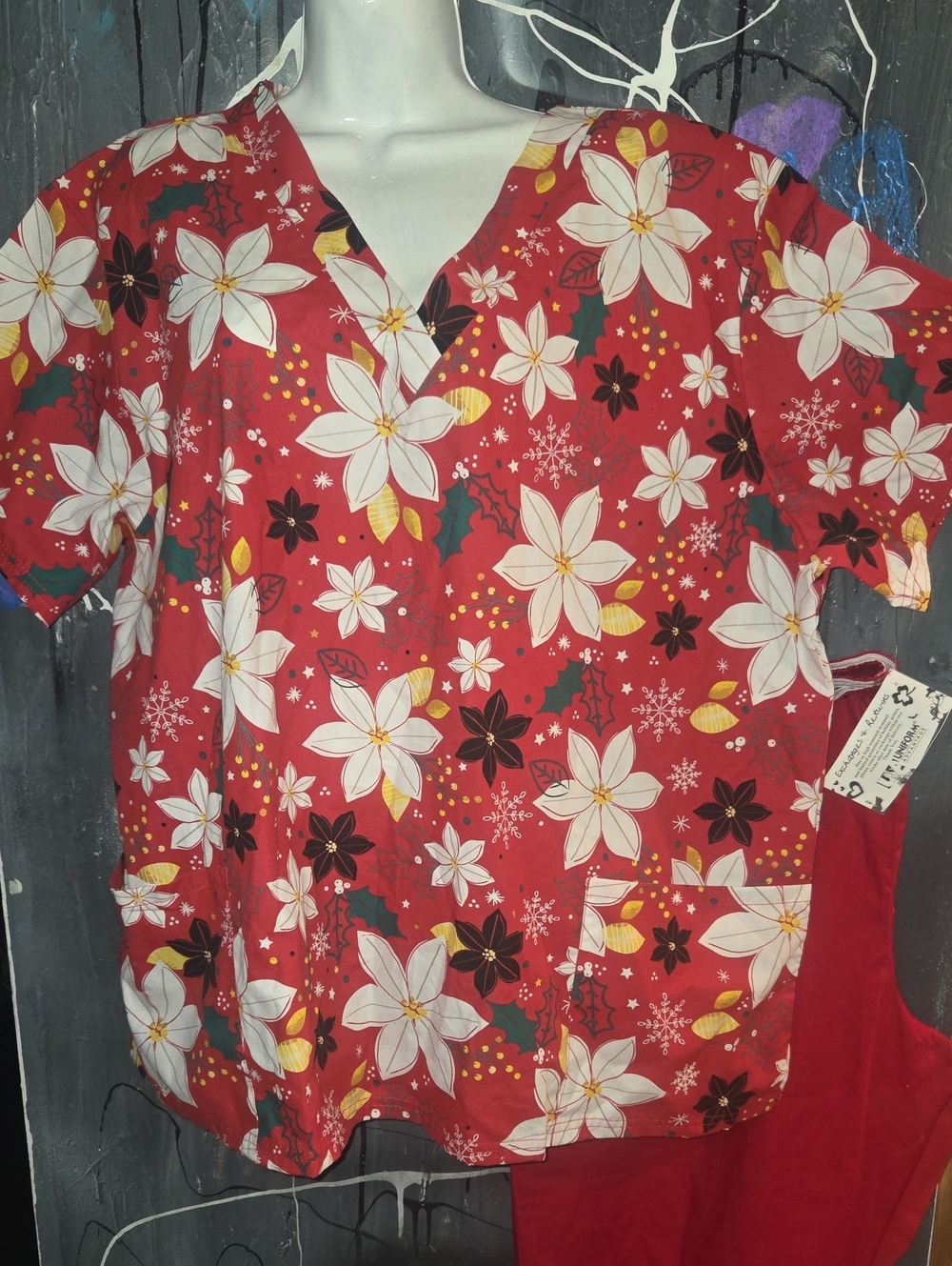 Uniform Advantage Red Floral Scrub Top